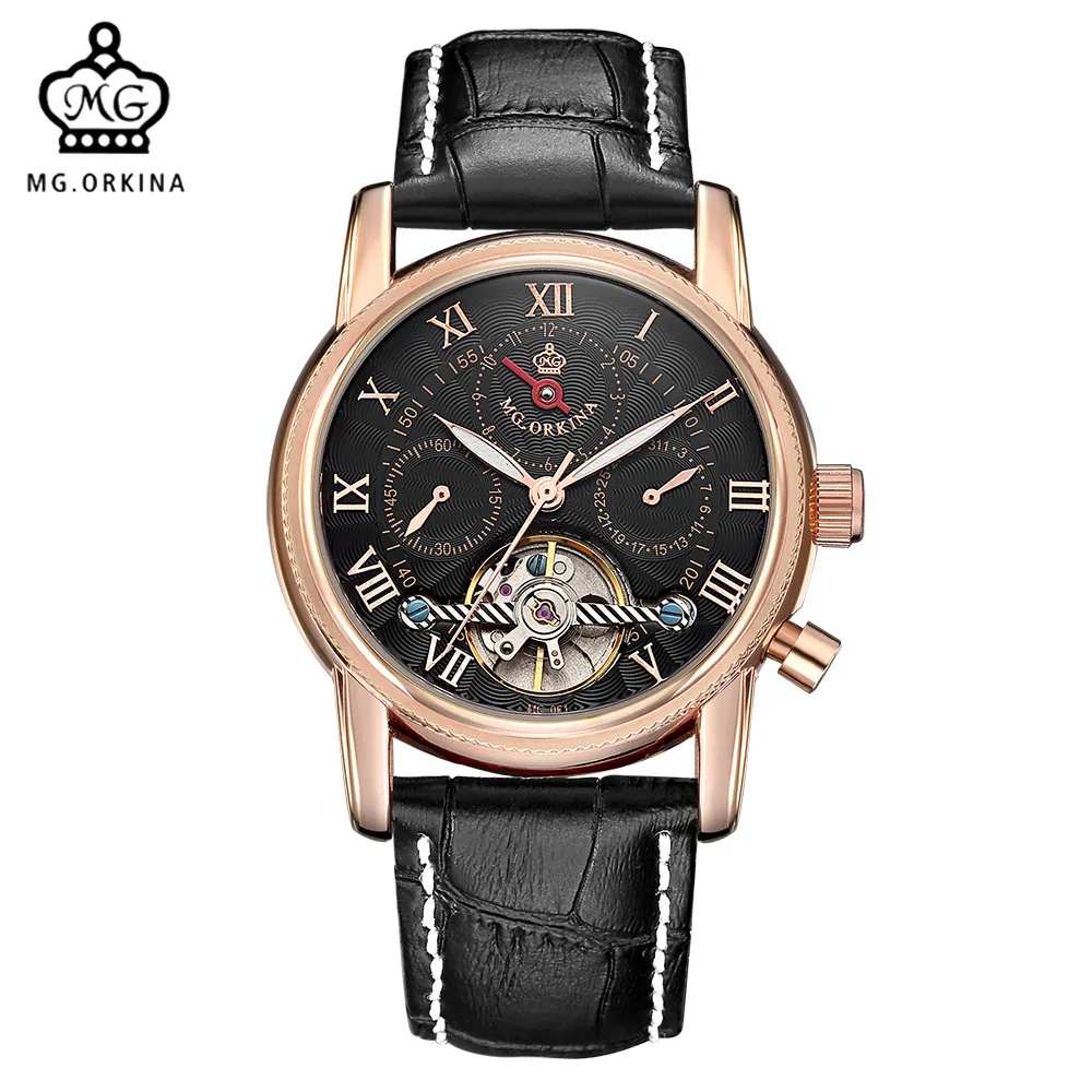 

MG. ORKINA Mens Watches Rose Gold Case Auto Date Display Tourbillon Automatic Mechanical Watch Reloj Hombre