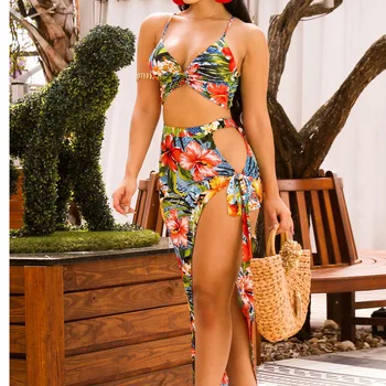 

New Fashion Women 2 Piece Sexy Print Sling Split Set Outfits Sleeveless Patchwork Crop Casual Set L325