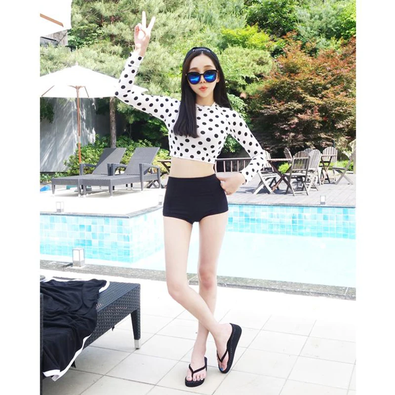 

Summer Hot Dot Women Swimsuit Long Sleeve Beach Wear High Waist Lady Swimwear Hign Neck Women Bikini