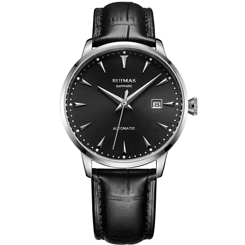 RUIMAS MIYOTA 8215 деловые мужские механические наручные часы простые классические часы с кожаным ремешком Мужские часы Relojes Hombre - Цвет: Черный