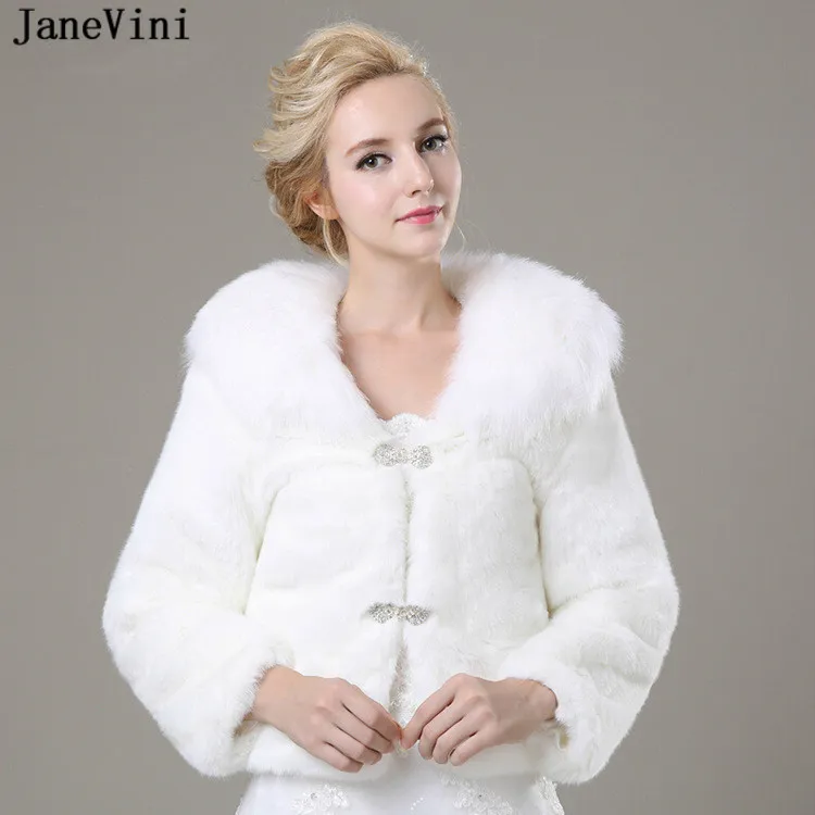 

JaneVini White Winter Cape Bridal Faux Fur Wraps with Long Sleeves Warm Women Elegant Evening Coat Shawls Estolas De Pelo Falso
