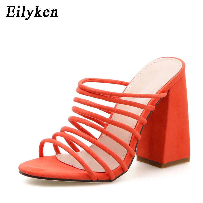 

Eilyken 2020 New Women Mule Square Heel Shoes Slippers Female Peep Toe High Heel Slippers Fashion Party Sandals Orange