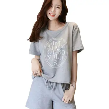 

Rlyaeiz High Quality 2 Piece Set Women 2019 Summer Casual Letter Printed T shirts + Shorts Sporting Wear Female Sweat Suit