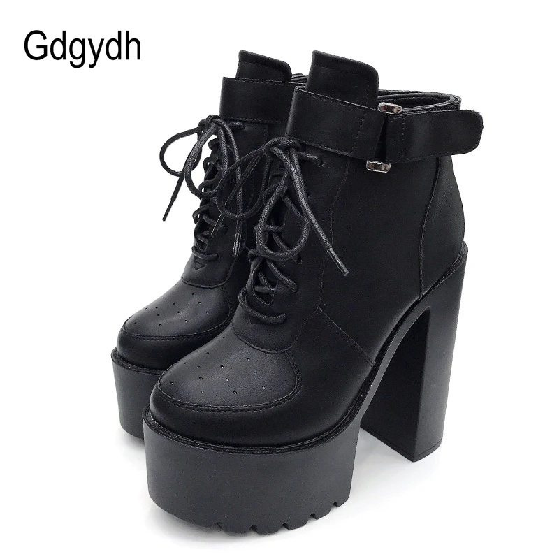 Meilleur Gdgydh Offre Spéciale Russe Chaussures Plate Forme Noir Bottes Femmes Zipper Automne Haute Talons Chaussures à Lacets Cheville Bottes Blanc Semelle En Caoutchouc