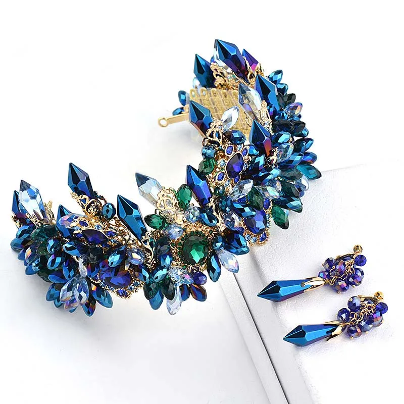 

Baroque Royal Blue Crystal Tiaras Crown Earring Set Green Rhinestone Bride Diadem Headpiece Wedding Hair Jewelry Accessories VL