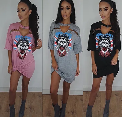Женщины Повседневная Мини Dress Летом С Коротким Рукавом Выдалбливают Печати