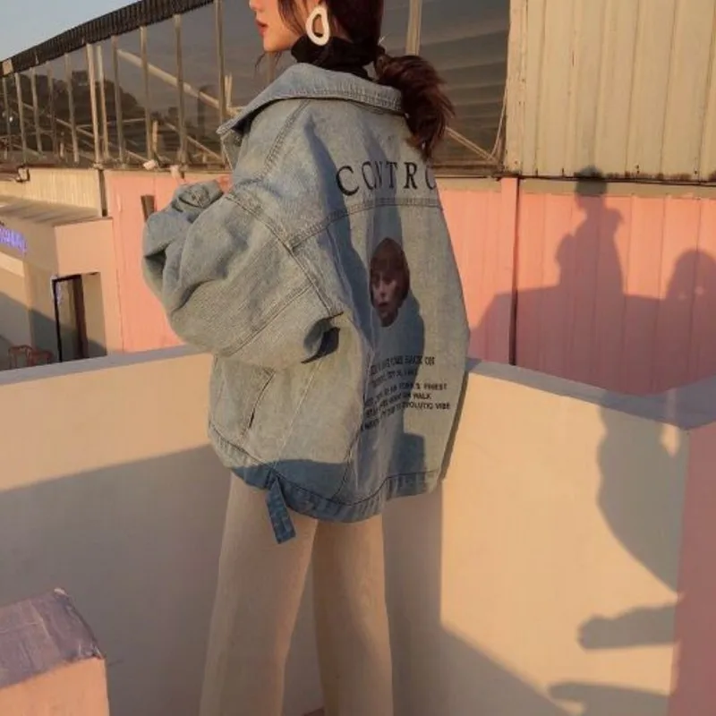 Women's Coat Denim Jacket Vintage Loose Printed Jaqueta Feminina Oversized Jacket Long Sleeve Coat Single Breasted Jackets