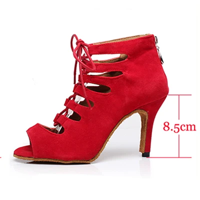 Фланелевые ботинки со шнуровкой; сезон весна-лето; Танцевальная обувь на мягкой подошве; женские сандалии на молнии; Танцевальная обувь для латинских танцев сальсы; цвет синий, красный - Цвет: Red 8.5cm