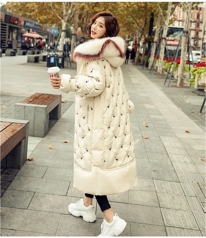 ZURICHOUSE Down Parka Women Long Hooded Fashion Embroidery Warm Natural Big Fur Collar White Duck Down Jacket Winter