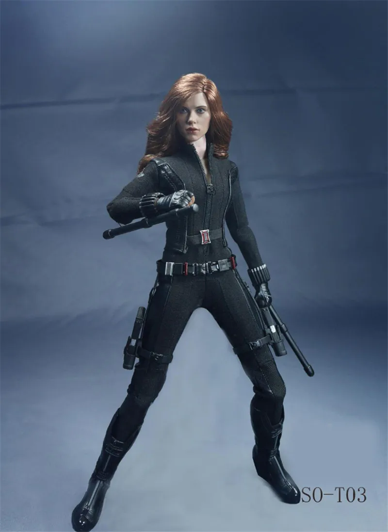 

Mnotht 1/6 Solider Avenger League Black widow suit Clothes Siamese garment With Head Carved/Pistol/Mobile phone Model l30