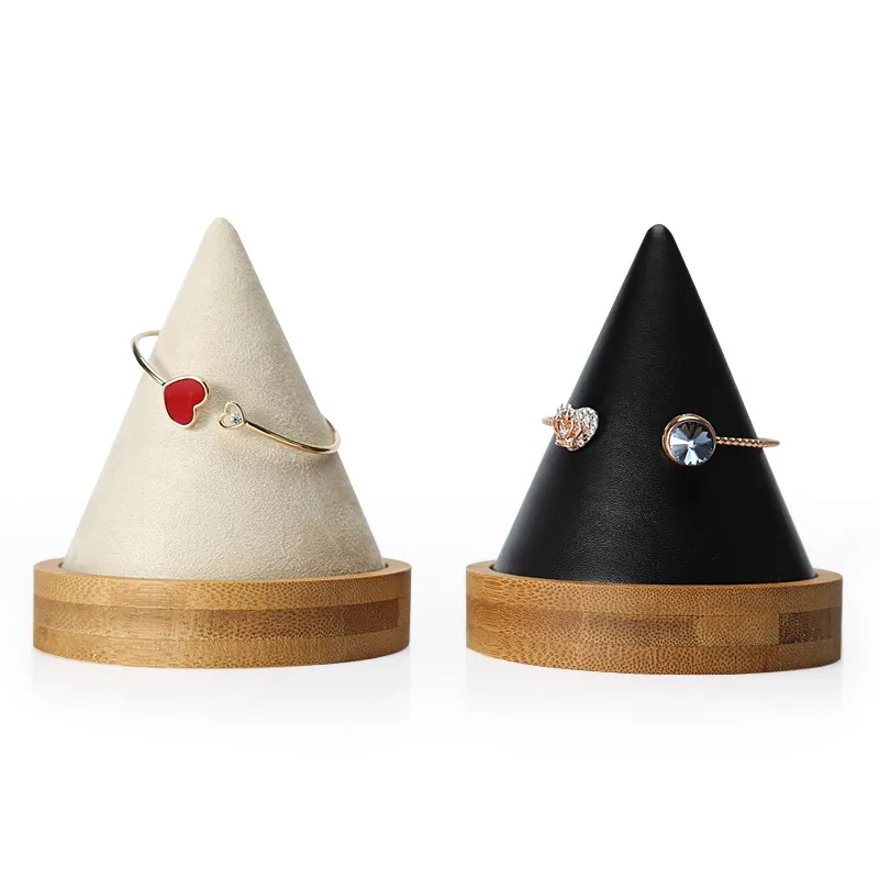 Cone Shape Bamboo Wood PU Leather Bracelets Bangle Display Holder
