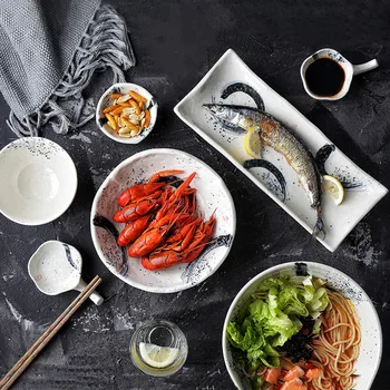 

Ceramic Japanese Style Tableware Ceramic Rice Bowl Round Dinner Plate Dish Household Flat Dish Soup Noodle Bowl Dinnerware Set