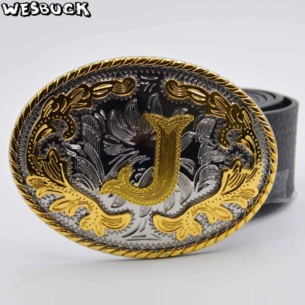 5 PCS MOQ WesBuck Brand Oval 3D Lace Gold J Initial Letter Cowboy Buckle With Metal Fashion Men's PU Leather Belt Holiday Gifts | Дом и
