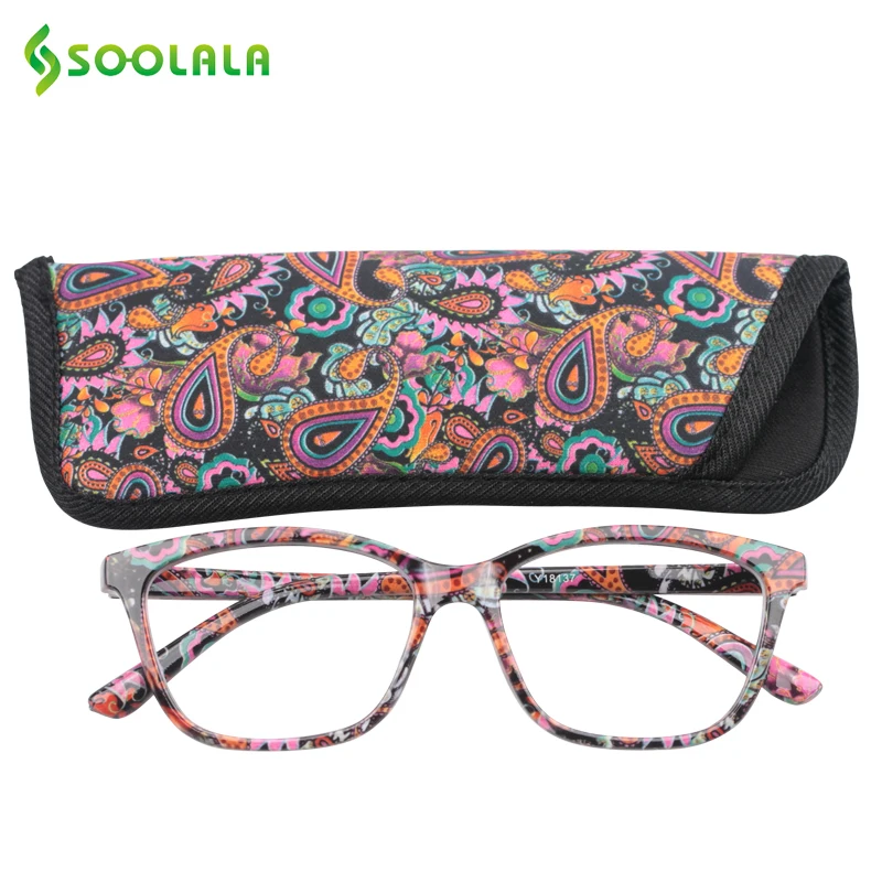 Purple Floral SOOLALA, женские очки для чтения с карманом и принтом, с сумочкой в тон, Дешевые весенние петли, очки для чтения при дальнозоркости+ от 1,0 до 4,0 - Цвет оправы: Purple Floral