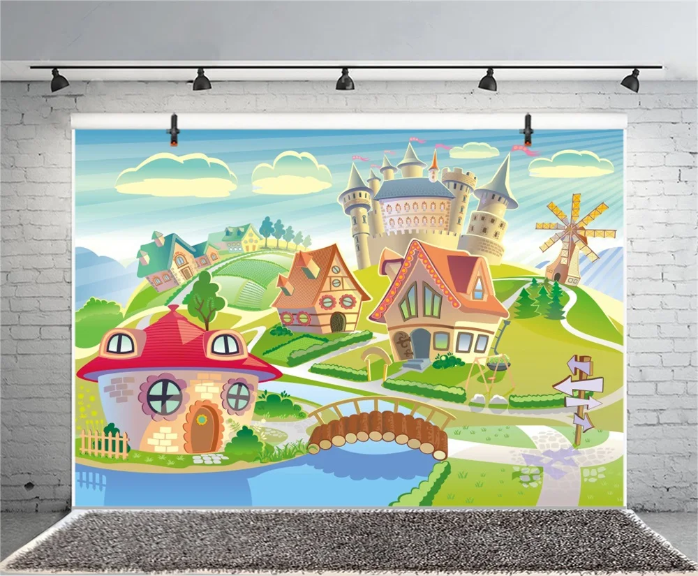 Laeacco Baby Party Cartoon Village Castle River Field Photography Backgrounds Customized Photographic Backdrops For Photo Studio