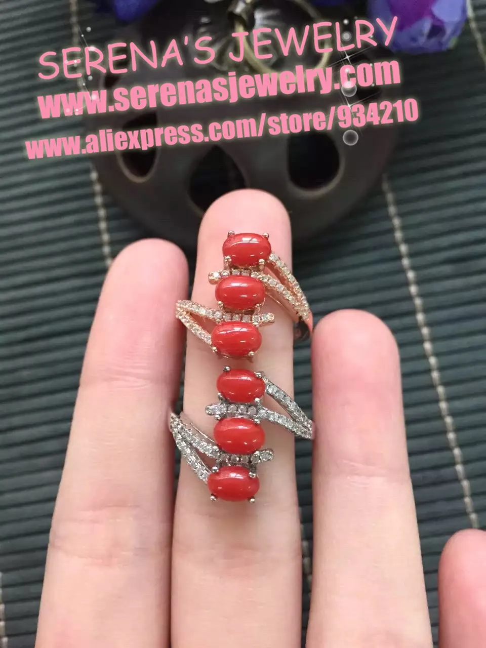 on sale discount girls gift mum birthday present real 925 sterling silver natural red coral ring 6*4mm*4pcs for women