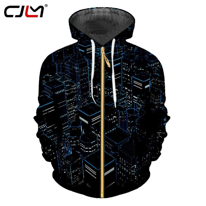 

CJLM Man Personality Black Trend Zip Hoodies Men's Oversized Casual Zipper Coat 3D Full Printed Science Fiction City Light