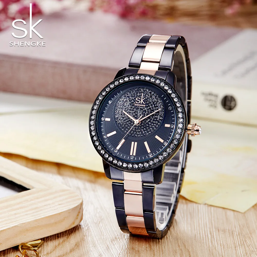 ShengKe Luxury Watch Women Rhinestone Classic Minimalism Stainless Steel Ladies Wristwatch Casual Waterproof Female Clock Gift