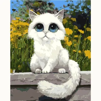 

White Cat Lovely Picture Painting Cartoon DIY Painting By Numbers Modern Wall Art Acrylic Picture Hand painted Children Gift