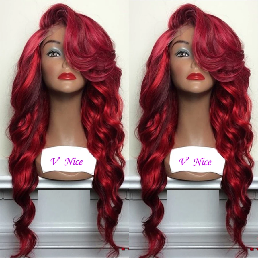 Wine Red With Bright Red Highlights Synthetic Lace Front Wig Body Wave