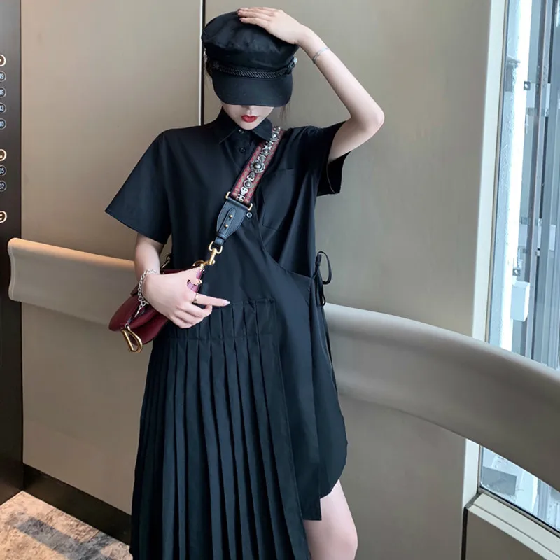 

[EWQ] 2019 Summer New Korean Trend Clothing Short-sleeved Loose Tie With Pleated Mid-length Dress Casual Feminina Dresses QJ504