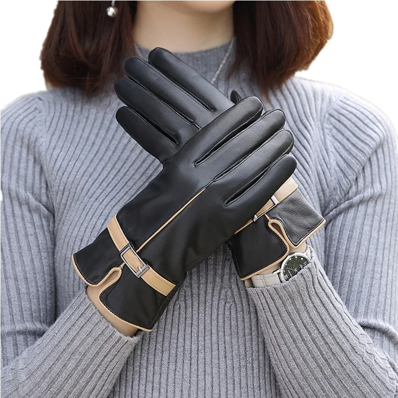 

Genuine Sheepskin Leather Gloves 2020 Fashion Elegant Women's Winter Gloves Warm Plus Thick Velvet Bow Mittens Female Fur Ladies