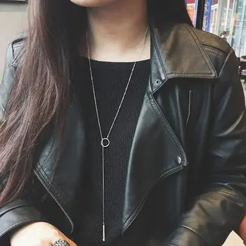 

Women's Real 925 Sterling Silver Fine Jewelry Round Circle Bar Pendant Silver Chain Long Necklace For Women Gift 80cm