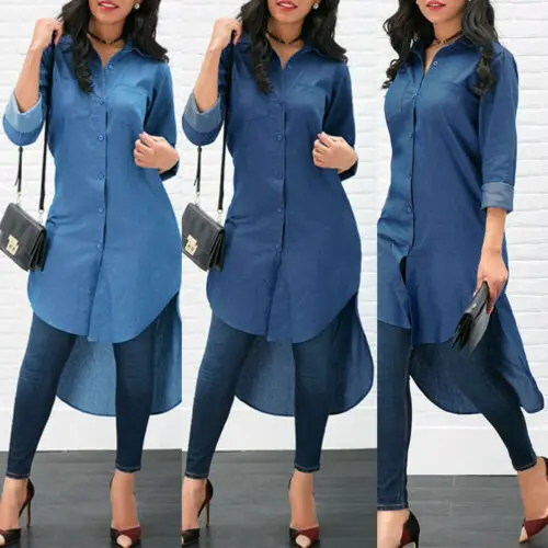 

Hot Summer Autumn 2018 Plus Size XL Blue Shirt Female Long Sleeve Long Shirt Fashion Bodycon Leisure Solid Blouse Tops