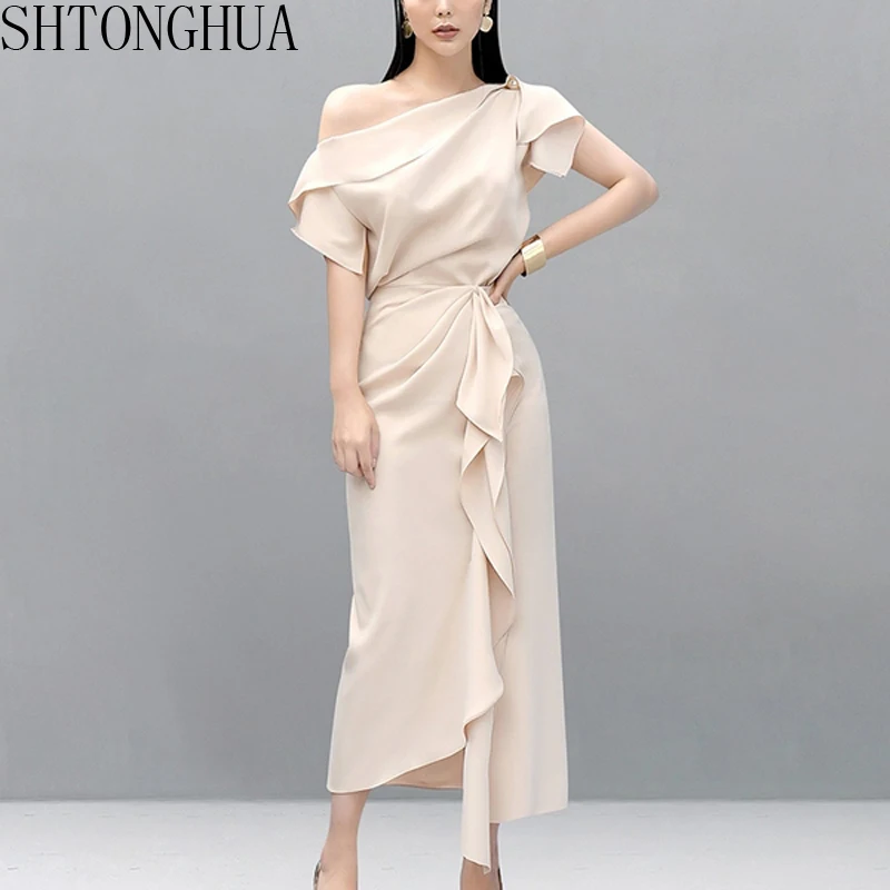 

SHTONGHUA Runway Summer 2 PCS Set Elegant Women's One Shoulder Sexy Crop Tops And Fashion Ruffles Bodycon Long Party Skirts Set