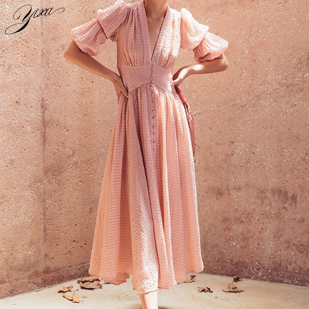 

Fashion Woman Summer Chiffon Mid Dress Sexy Deep V-neck Female Casual A-line Dresses Half Lantern Sleeve Dresses Women
