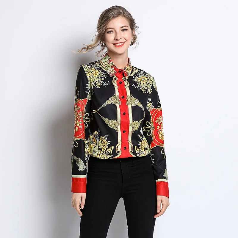 

Spring Autumn women turn-down collar casual flowers black red color pattern print shirts long sleeve office lady work shirts
