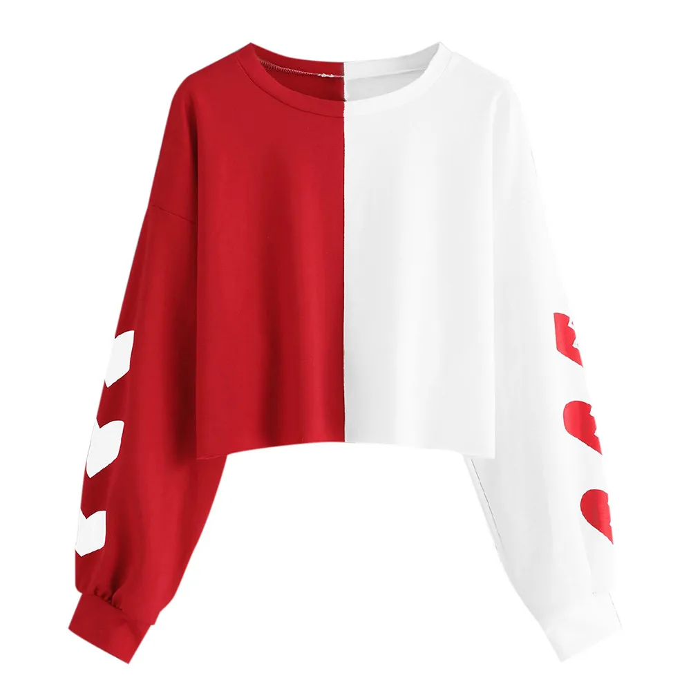 CHAMSGEND Pullover Women Heart Print Patchwork Long Sleeve Sweatshirt Jumper Pullover Harajuku Blouse Sweatshirt For Girl 29JULY - Цвет: Red