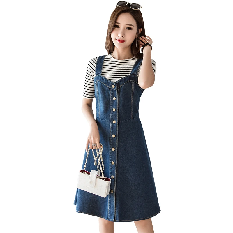 

2019 Korean Summer Denim Dress Women Streetwear Single-breasted Jeans Sundress Plus Size Spaghetti Strap Dress Ladies vestidos