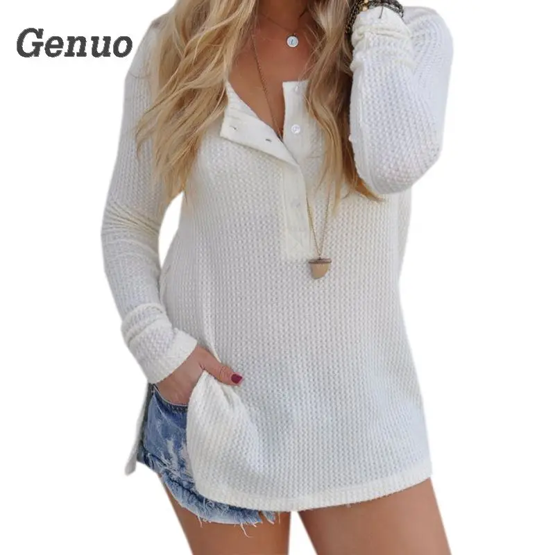 Knit Sweater Shirts Women Sexy Casual Solid Buttons Long Sleeve Sweaters Warm Winter Autumn Pullovers Side Split Tops Genuo