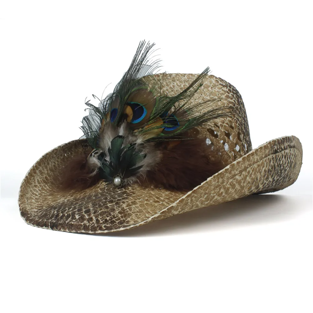 Летняя женская открытая западная ковбойская шляпа женская пляжная перышка Sombrero Hombre Соломенная Панама Cowgirl Jazz Sun cap размер 56-58 см