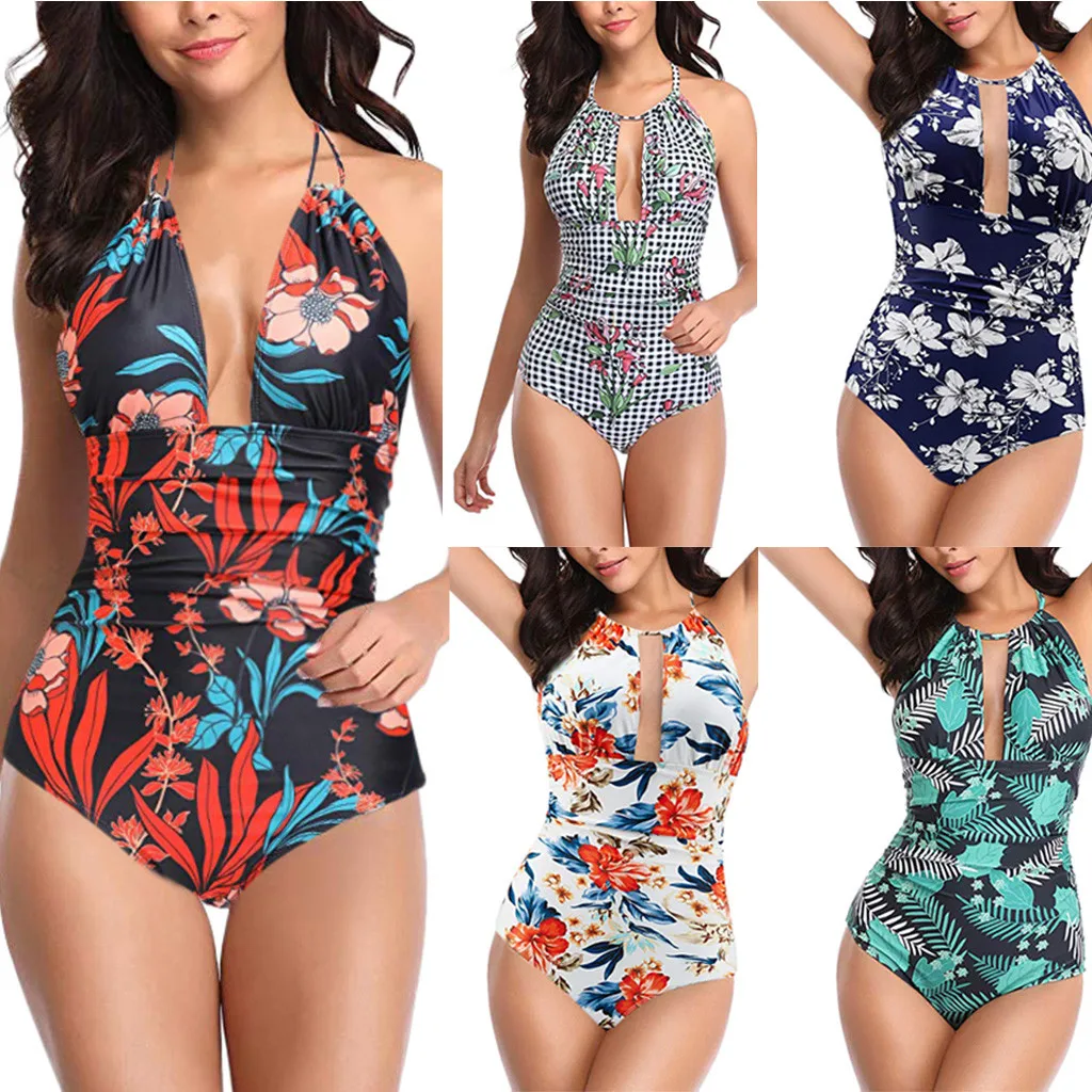 

15 Colors Women's One Piece Push Up Padded Bra Swimwear Backless Tummy Control Deep V-neck Monokini Swimsuits Bikini 2019 Mujer