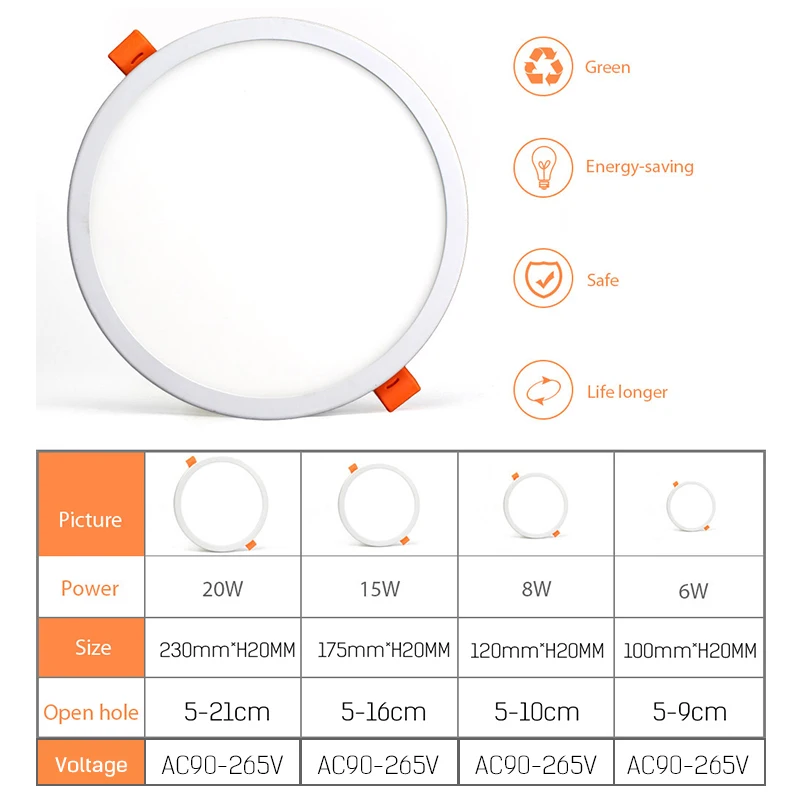 Светодиодный светильник, AC85-265V, ультратонкий встраиваемый светильник для помещений, круглый светодиодный светильник, белый корпус, круглый светильник