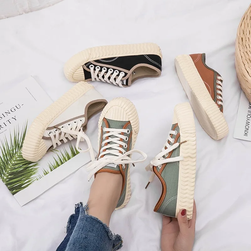 

2019 spring new fashion simple color matching canvas shoes women retro style comfortable wild casual flat shoes.