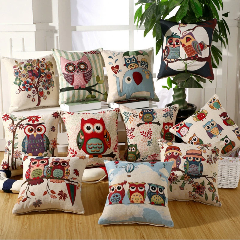 

Owl Cartoon Cotton Linen Throw Pillow Cushion Cover Car Home Decoration Sofa Decor Decorative Pillowcase Top Quality