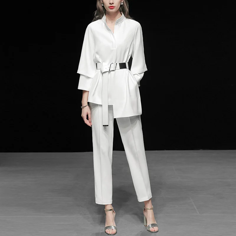 

European and American women's new white temperament casual fashion shirt top nine points wide leg pants suit two sets AL828