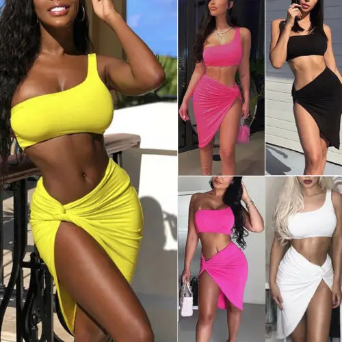 

Women 2 Piece One Shoulder Solid Color High Side Slit Bodycon beachwear Crop Top and Skirt Set Bandage Party Solid Color
