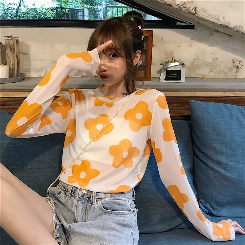 

Women spring summer flower pattern thin long-sleeved t-shirt Harajuku fashion trend flower print mesh bottoming sunscreen shirt
