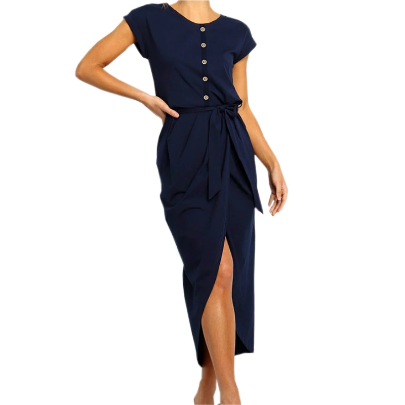 

2019 Summer Casual Femme Party Clubwear Women Irregular O-Neck Split Office Dress Buttons Sashes Sundress Mid-calf Dress GV569