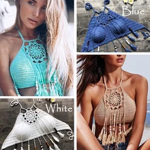 2019 Sexy Women Push Up Tassel Bikini Top Boho Beach Swimwear Crochet Fringe Bikini Bra Halter Camisoles Tank Swimsuit Hot Sale