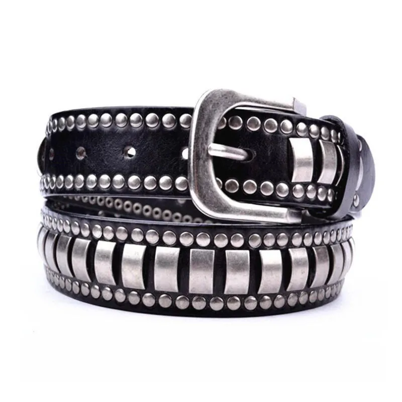 Fashion trend punk rivets leather belt Top quality first layer of