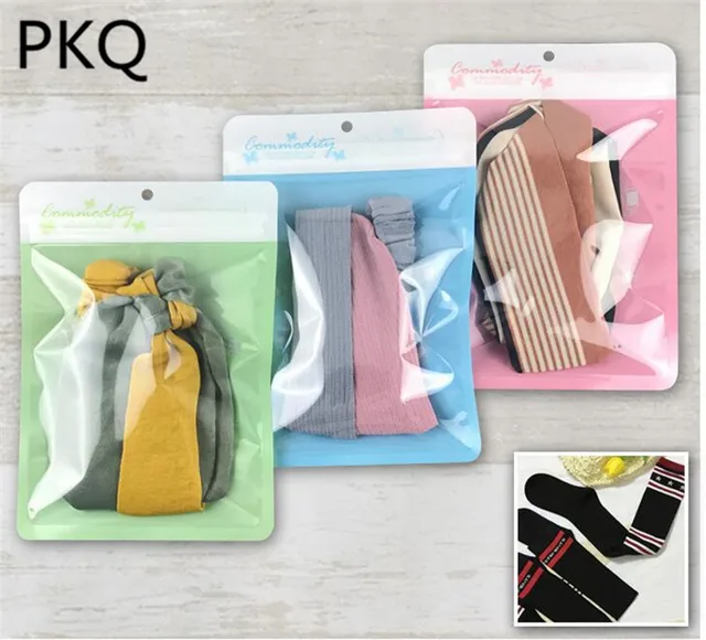 qi fresh cute plastic packing bags pink blue zipper socks packaging