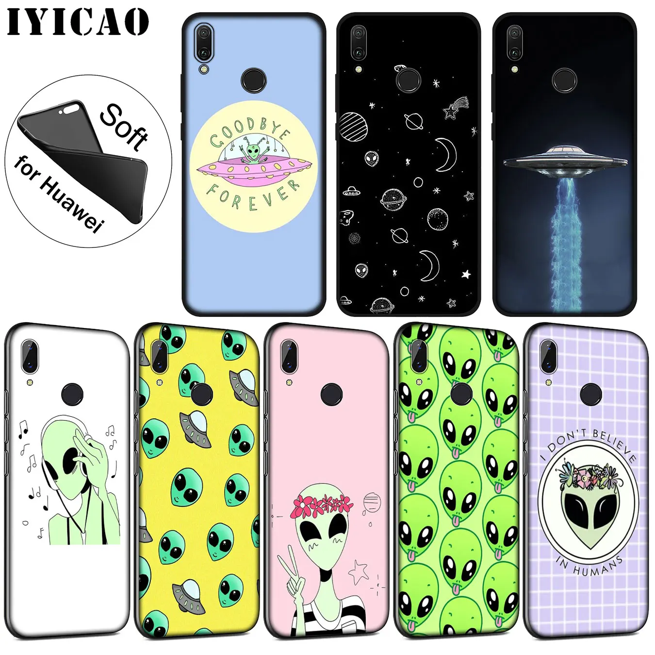 IYICAO Cute Alien UFO Kawaii Soft Silicone Case for Huawei P30 P20 Pro P10 P9 P8 Lite Mini 2017 2016 2015 P smart Z 2019 Cover |