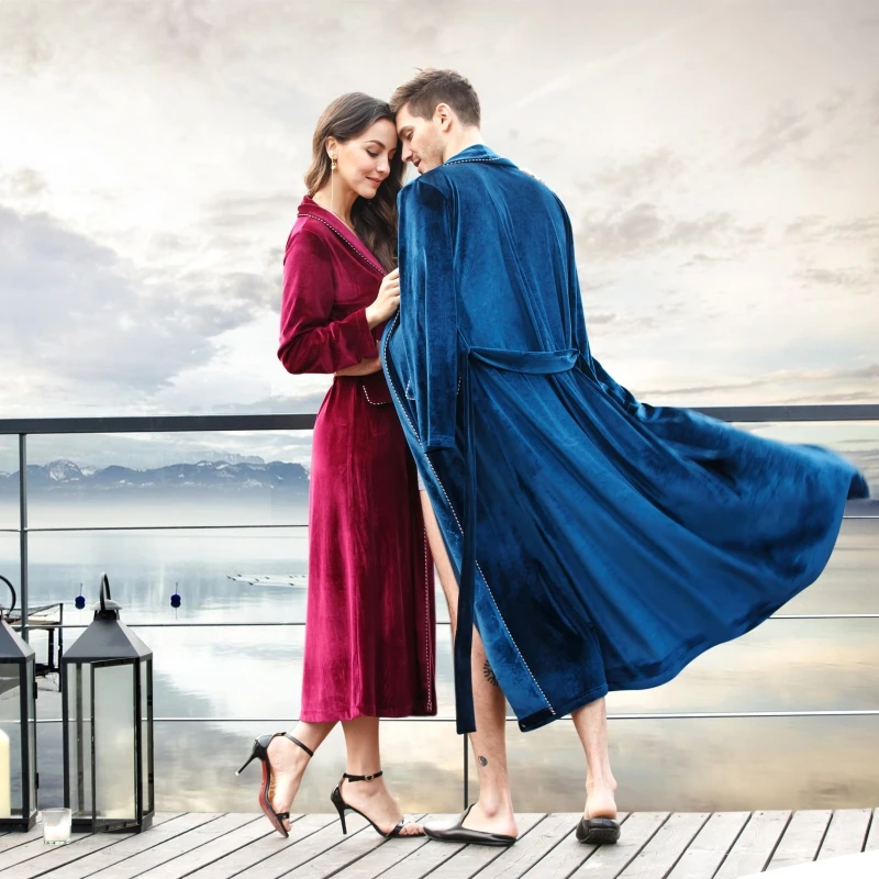 

Women and Men Spring and Autumn Luxury Velvet Classic Shawl Collar Chest Suit Medium-Long Robe Nightgown Sleepwear Gown