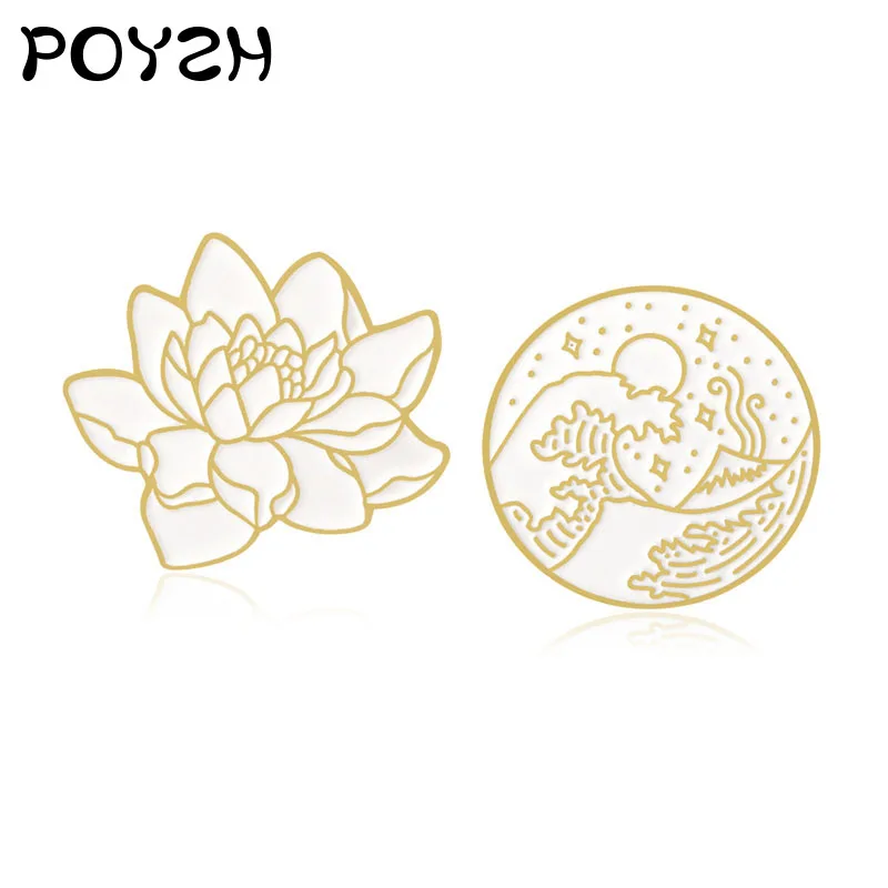 

Abstract line pattern Brooch Lotus flower circular Enamel Pin Fujiyama Sea wave Stars moon badge Japanese culture Spille Jewelry
