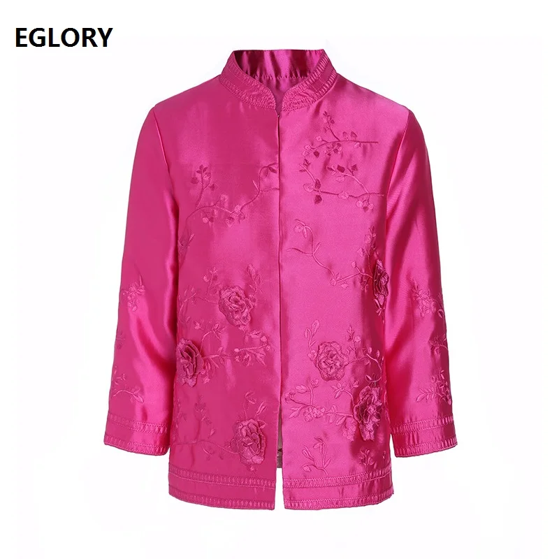 

2019 Autumn Fashion Jackets High Quality Coat Women Exquisite Embroidery 3/4 Sleeve Vintage Tops Coat Yellow Rose Red White XXL